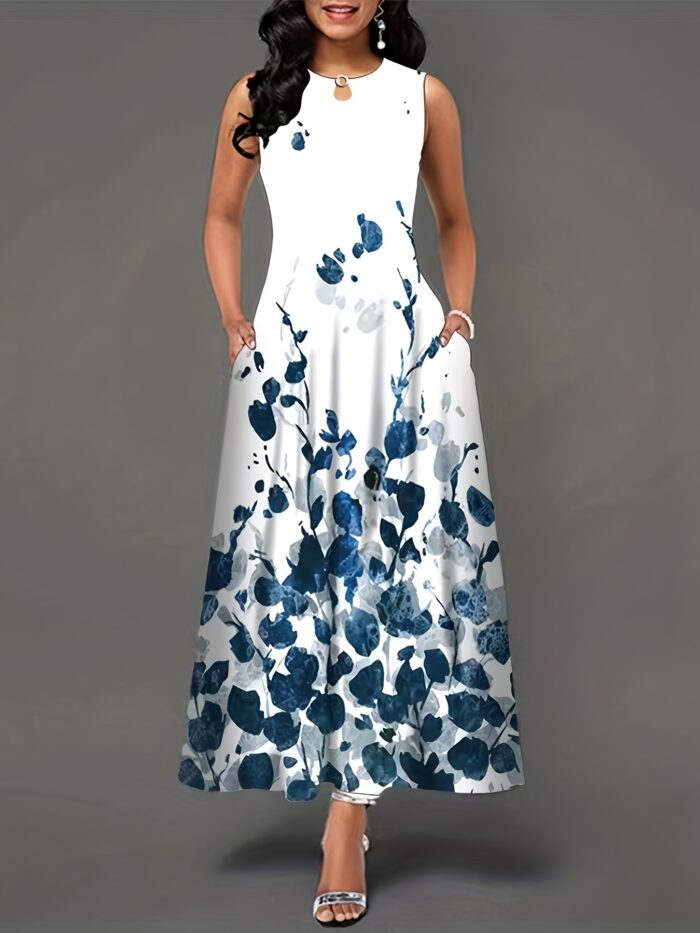 Flirty Floral Print Maxi Dress - Bohemian Chic, Sleeveless Crew Neck with Keyhole - Pockets for Women - Perfect Casual Summer Dress - Image 1