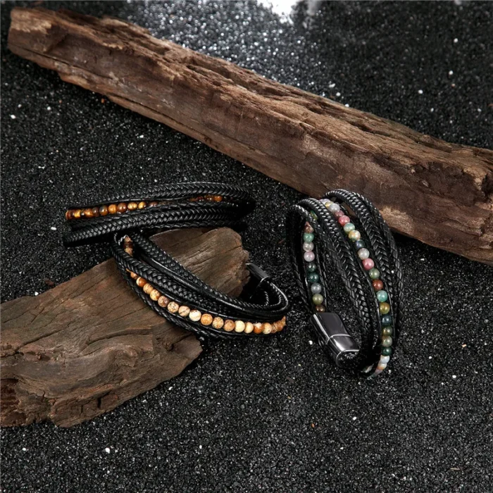 Classic Men’s Braided Genuine leather Bracelets Nature Stone Stainless Steel Charm Bangles Women Male Jewelry Gifts Dropshipping - Image 5