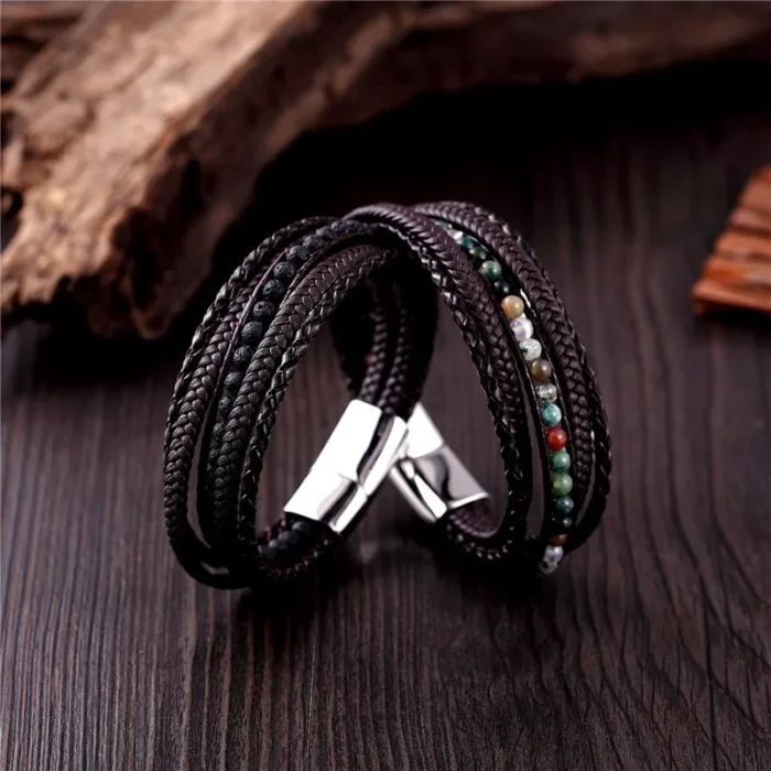 Classic Men’s Braided Genuine leather Bracelets Nature Stone Stainless Steel Charm Bangles Women Male Jewelry Gifts Dropshipping - Image 4