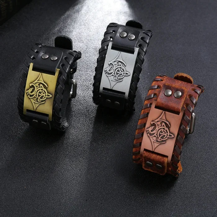 Eif Dock Vintage Northern Europe Symbol Flying Dragon Wide Wrap Genuine Adjustable Leather men‘s Viking Bracelet Dropshipping - Image 2