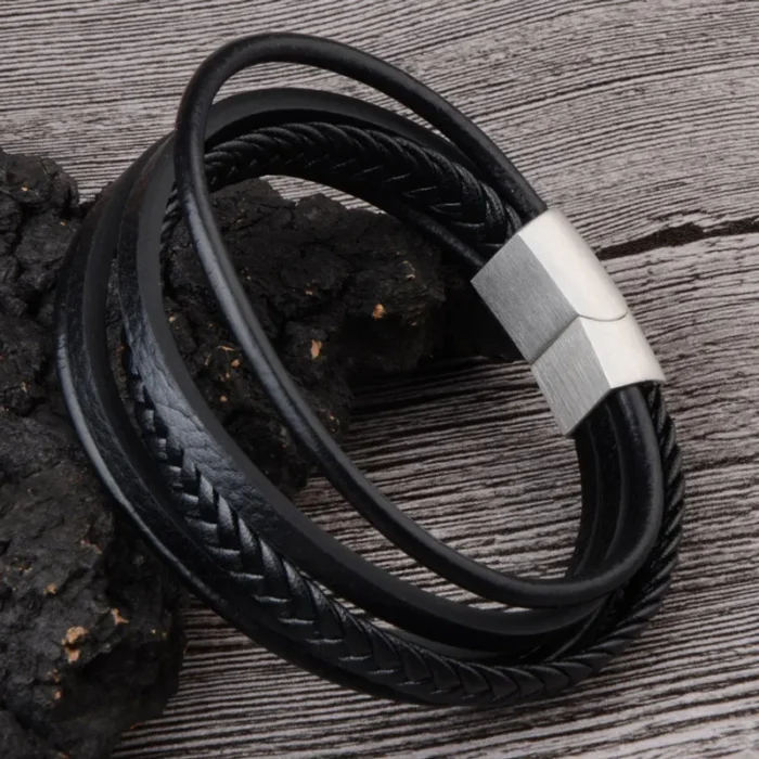 Classic Genuine Leather Bracelet Men’s Multi Layer Brided Leather Stainless Steel Magnetic Clasp Bangle for Men Jewelry Gift - Image 5