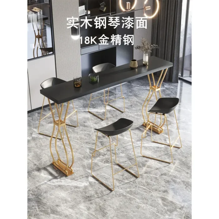 Luxury Solid Wood Bar Table Home Milk Tea Shop Wall Long Table High Table Wrought Iron Chair Combination - Image 2