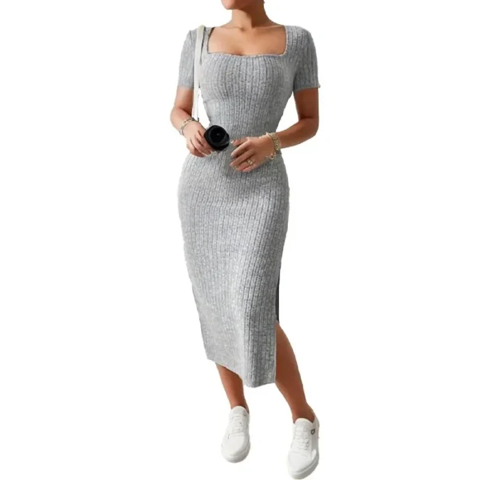 Summer Square Neck, Hip-Hugging Mid-Length Skirt, Short-Sleeved, Versatile Knitted Slit Dress - Image 1