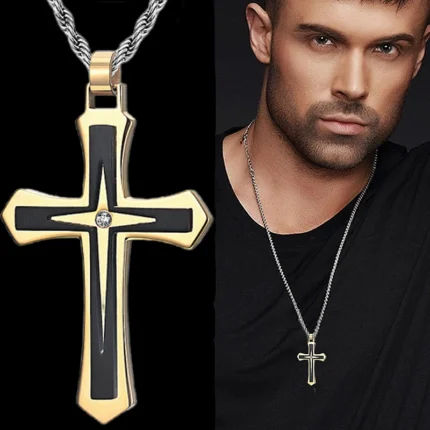 Fashion Men's Two Color Stainless Steel Cross Necklace Hip Hop Necklace for Men Stainless Steel Jewelry Halloween Party Gift