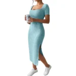 Summer Square Neck, Hip-Hugging Mid-Length Skirt, Short-Sleeved, Versatile Knitted Slit Dress - Image 3