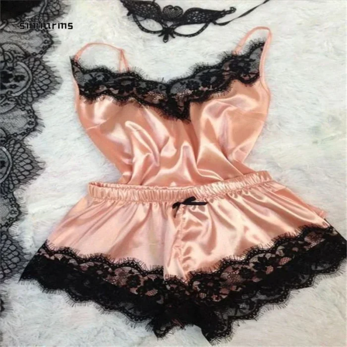 New Women's Pajamas Silk Sexy Pajama Set Black Lace V-Neck Pajama Suspender Top and Shorts Lace Pajama Set Home Underwear Dress - Image 3