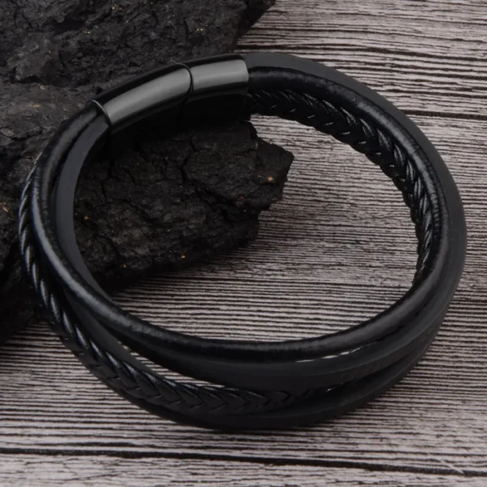Classic Genuine Leather Bracelet Men’s Multi Layer Brided Leather Stainless Steel Magnetic Clasp Bangle for Men Jewelry Gift - Image 2