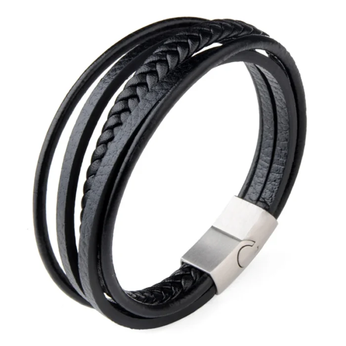 Classic Genuine Leather Bracelet Men’s Multi Layer Brided Leather Stainless Steel Magnetic Clasp Bangle for Men Jewelry Gift - Image 9