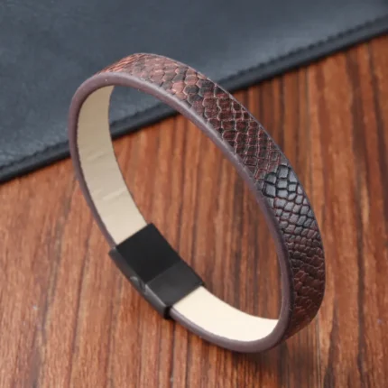 Fashion Men‘s Stainless Steel Woven Genuine Leather Bracelet New Snake Skin Pattern Leather Rope Bracelet Jewelry Gifts
