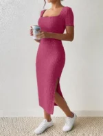 Summer Square Neck, Hip-Hugging Mid-Length Skirt, Short-Sleeved, Versatile Knitted Slit Dress - Image 11