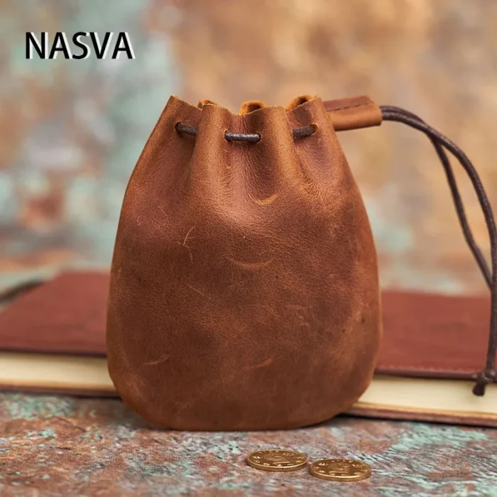 NASVA Genuine Leather  Coin Purse Men Women  Vintage Small Coin Wallet Hard Leather Money Pocket Drawstring Storage Bag - Image 1
