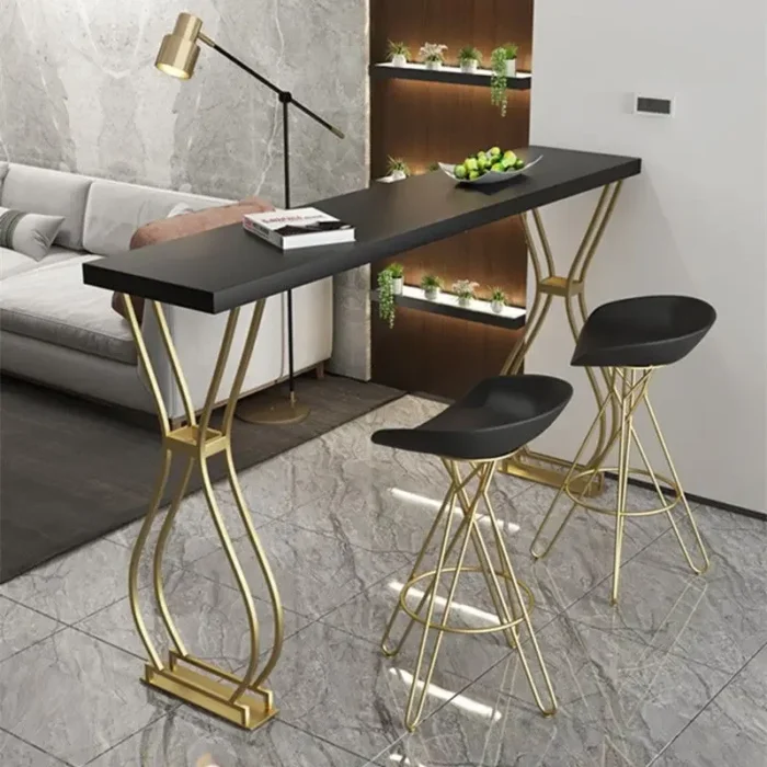 Luxury Solid Wood Bar Table Home Milk Tea Shop Wall Long Table High Table Wrought Iron Chair Combination - Image 1