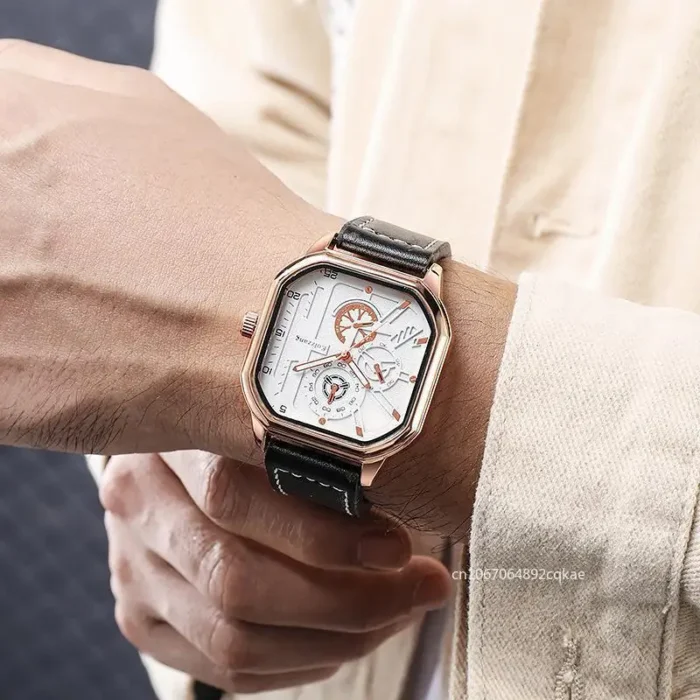 Men Quartz Watches Alloy Dial Business Men Watch PU Leather Strap Big Dial Square Sports Watch Cool Black Wristwatch for Man - Image 3