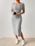 Summer Square Neck, Hip-Hugging Mid-Length Skirt, Short-Sleeved, Versatile Knitted Slit Dress - Image 7