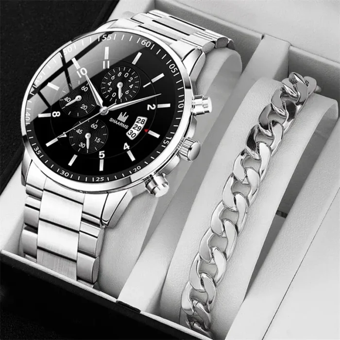 Fashion Mens Stainless Steel Watches Luxury Quartz Wristwatch Calendar Clock Men Business Casual Watch Bracelet Set Reloj Hombre - Image 1