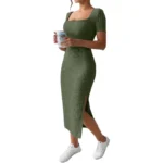 Summer Square Neck, Hip-Hugging Mid-Length Skirt, Short-Sleeved, Versatile Knitted Slit Dress - Image 4
