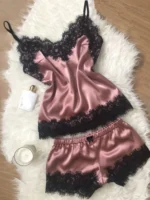 New Women's Pajamas Silk Sexy Pajama Set Black Lace V-Neck Pajama Suspender Top and Shorts Lace Pajama Set Home Underwear Dress - Image 8