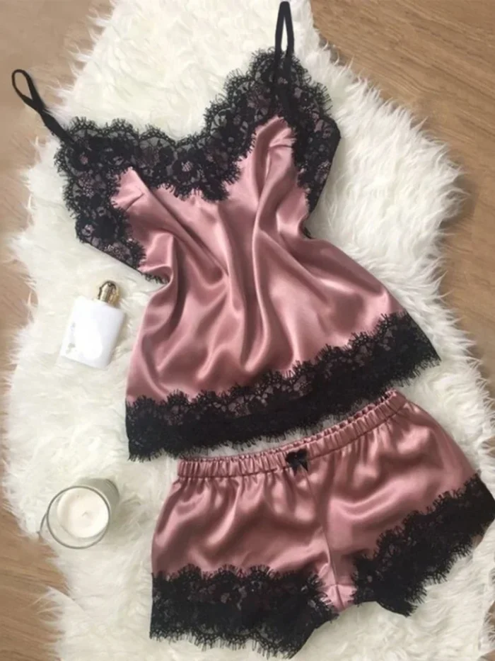 New Women's Pajamas Silk Sexy Pajama Set Black Lace V-Neck Pajama Suspender Top and Shorts Lace Pajama Set Home Underwear Dress - Image 8
