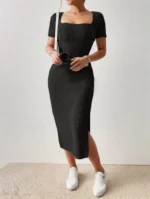 Summer Square Neck, Hip-Hugging Mid-Length Skirt, Short-Sleeved, Versatile Knitted Slit Dress - Image 10