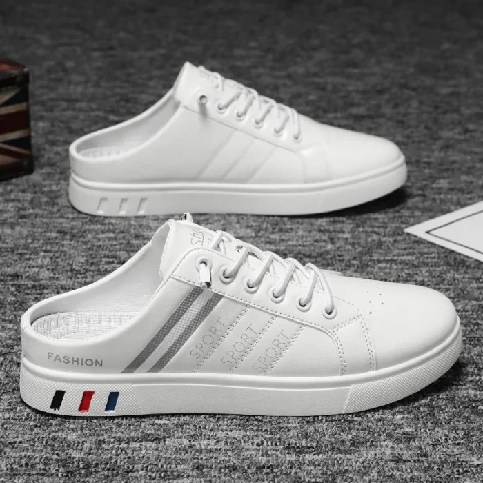 Lightweight PU Leather Half Slippers Breathable Casual Men's Sneakers Shoes Men's Flat White Tennis Shoes Zapatillas Hombre - Image 2