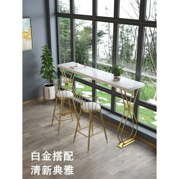 Luxury Solid Wood Bar Table Home Milk Tea Shop Wall Long Table High Table Wrought Iron Chair Combination - Image 3