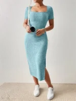 Summer Square Neck, Hip-Hugging Mid-Length Skirt, Short-Sleeved, Versatile Knitted Slit Dress - Image 8