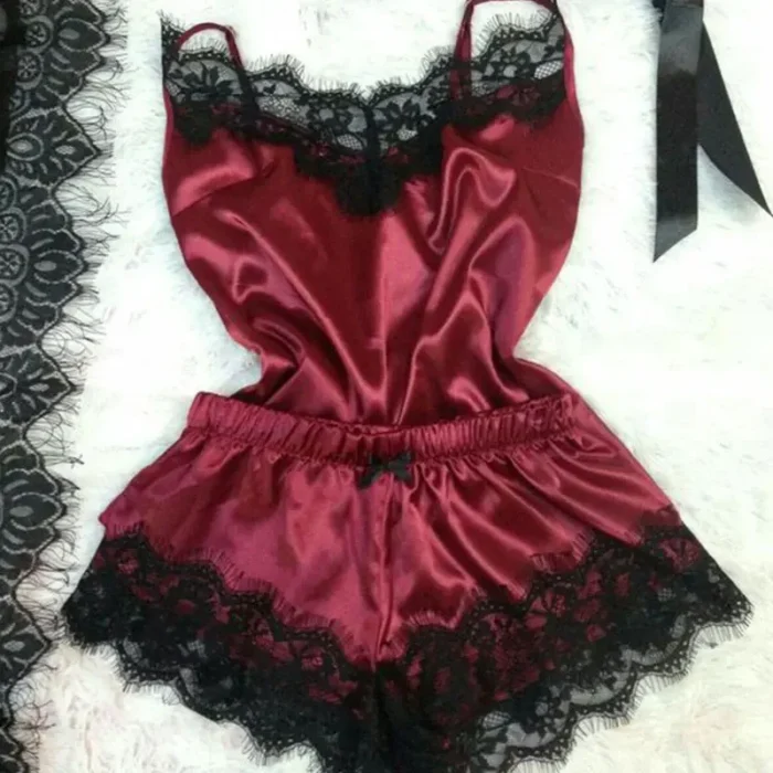 New Women's Pajamas Silk Sexy Pajama Set Black Lace V-Neck Pajama Suspender Top and Shorts Lace Pajama Set Home Underwear Dress - Image 1