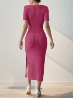 Summer Square Neck, Hip-Hugging Mid-Length Skirt, Short-Sleeved, Versatile Knitted Slit Dress - Image 6