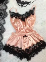 New Women's Pajamas Silk Sexy Pajama Set Black Lace V-Neck Pajama Suspender Top and Shorts Lace Pajama Set Home Underwear Dress - Image 7