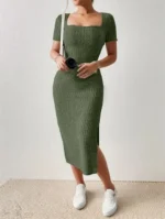 Summer Square Neck, Hip-Hugging Mid-Length Skirt, Short-Sleeved, Versatile Knitted Slit Dress - Image 9