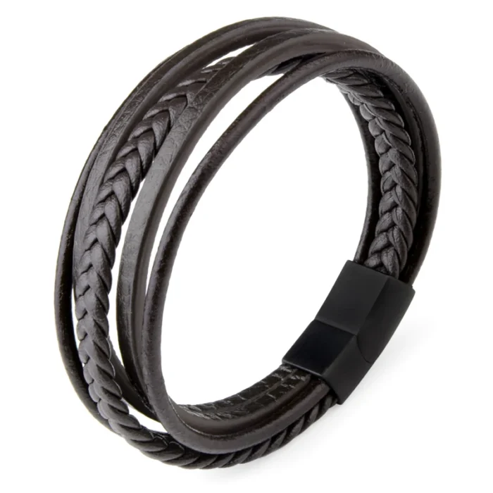 Classic Genuine Leather Bracelet Men’s Multi Layer Brided Leather Stainless Steel Magnetic Clasp Bangle for Men Jewelry Gift - Image 3