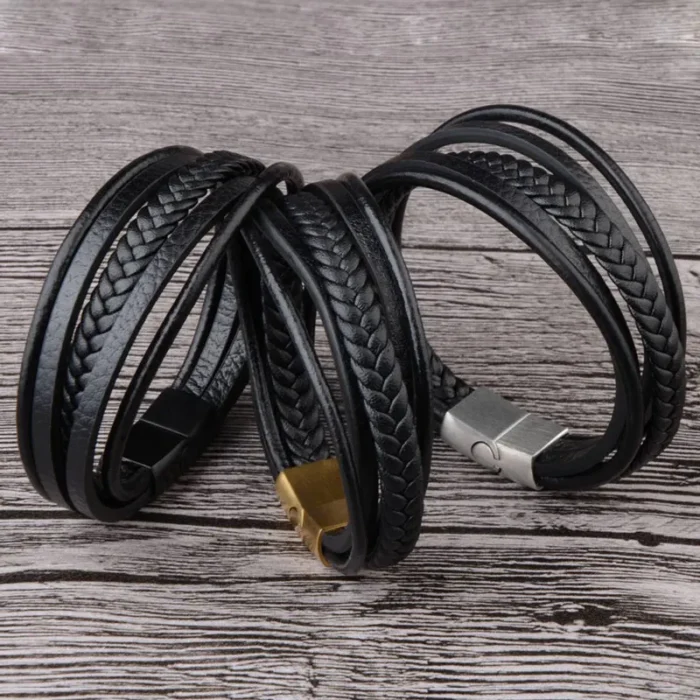 Classic Genuine Leather Bracelet Men’s Multi Layer Brided Leather Stainless Steel Magnetic Clasp Bangle for Men Jewelry Gift - Image 4