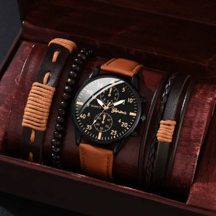 4/2/1pcs Men Sports Watches Set Man Business Quartz Wristwatch Luxury Brown Leather Bracelet Men Casual Clock Watch（no Box） - Image 1