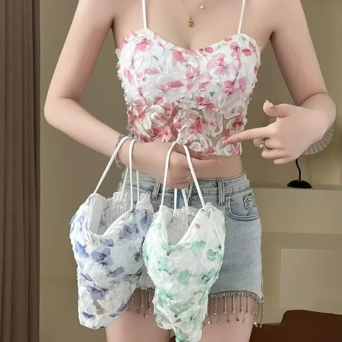 2024 Summer Sweet Floral Corset Vest Office Lady Beach Style Sleeveless Blouse Women Vintage Lace Slim Crop Top Korean Fashion - Image 1