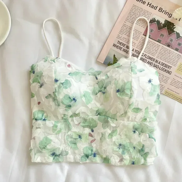2024 Summer Sweet Floral Corset Vest Office Lady Beach Style Sleeveless Blouse Women Vintage Lace Slim Crop Top Korean Fashion - Image 8