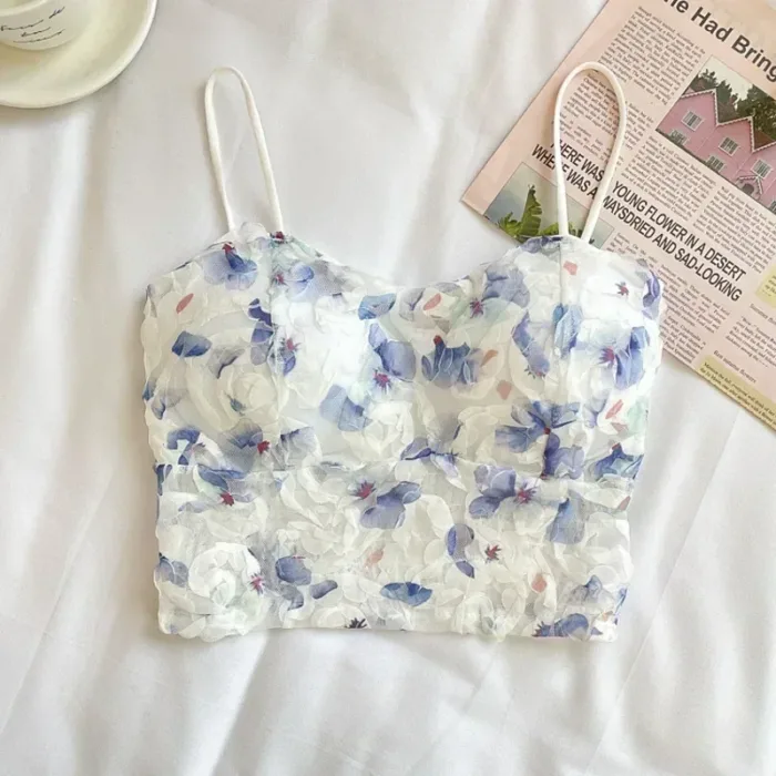 2024 Summer Sweet Floral Corset Vest Office Lady Beach Style Sleeveless Blouse Women Vintage Lace Slim Crop Top Korean Fashion - Image 7