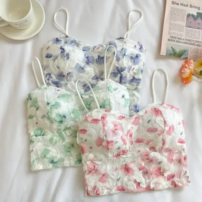 2024 Summer Sweet Floral Corset Vest Office Lady Beach Style Sleeveless Blouse Women Vintage Lace Slim Crop Top Korean Fashion - Image 3
