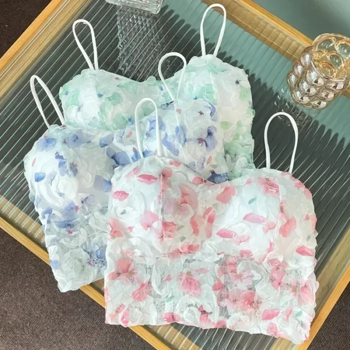 2024 Summer Sweet Floral Corset Vest Office Lady Beach Style Sleeveless Blouse Women Vintage Lace Slim Crop Top Korean Fashion - Image 4