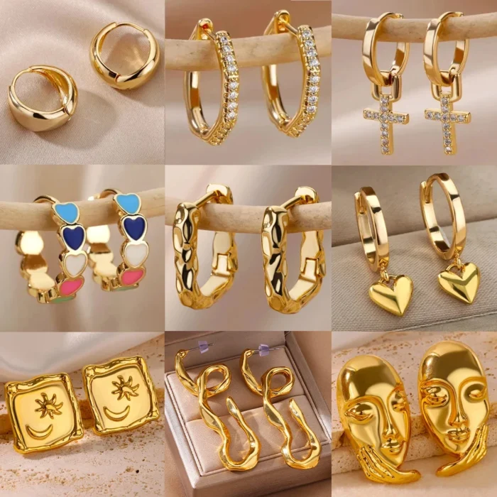 Stainless Steel Earring for Women Heart Zircon Gold Color Hoop Earrings Vintage Waterproof Ear Piercing Jewelry Accessories Gift - Image 1