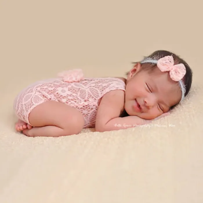 Lace Baby Rompers Newborn Infant Photography Clothes With Bow Headband Bebe Girls Photo Clothing Jumpsuit Costumes - Image 2