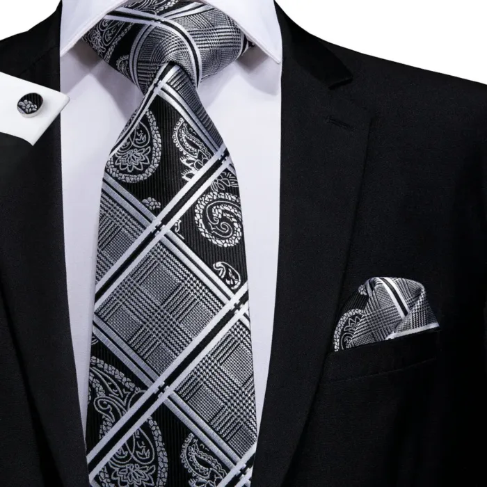 Hi-Tie Designer Black Blue Striped 63inch Silk Men Tie Extra Long Ties for Men Woven Classic 160cm Men Necktie Pocket Square Set - Image 39