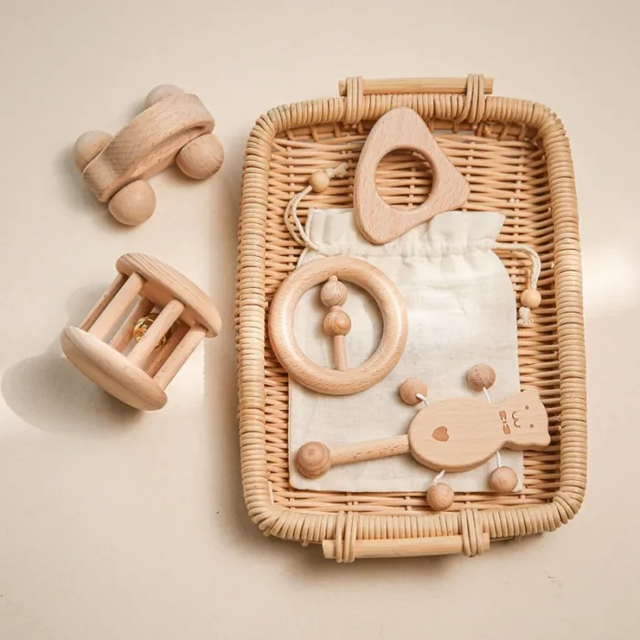 1pc Baby Toy Beech Bear Hand Teething Baby Rattles Wood Ring Cartoon Car Play Gym Montessori Stroller Toy Educational Toys - Image 5