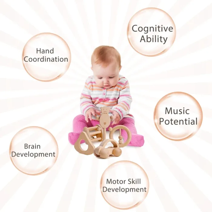 1pc Baby Toy Beech Bear Hand Teething Baby Rattles Wood Ring Cartoon Car Play Gym Montessori Stroller Toy Educational Toys - Image 3