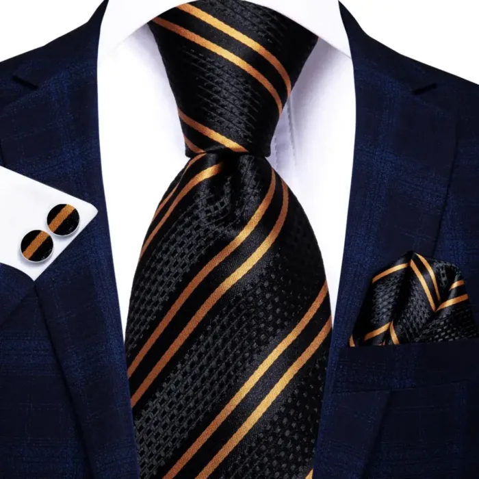 Hi-Tie Designer Black Blue Striped 63inch Silk Men Tie Extra Long Ties for Men Woven Classic 160cm Men Necktie Pocket Square Set - Image 7