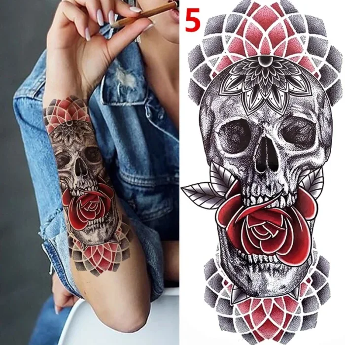 1PC Black Forest Tattoo Sticker For Men Women Tiger Wolf Death Skull Temporary  Fake Henna Skeleton King Animal Tatoo - Image 6