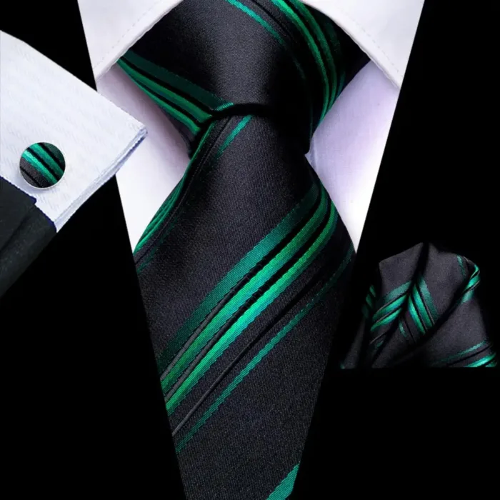 Hi-Tie Designer Black Blue Striped 63inch Silk Men Tie Extra Long Ties for Men Woven Classic 160cm Men Necktie Pocket Square Set - Image 5