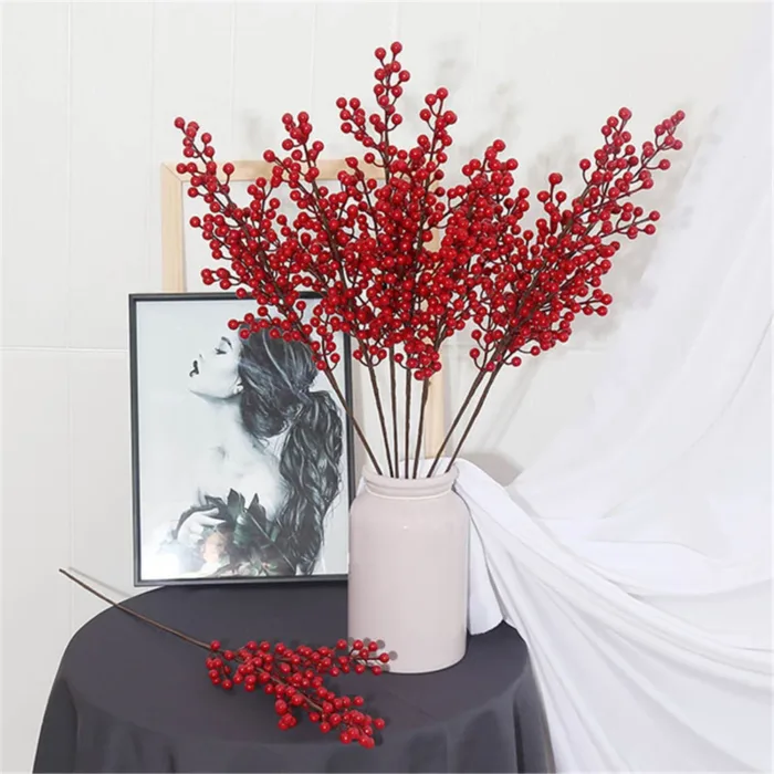 Artificial Holly Berry Red Fruits Branch, Christmas Decoration, Spring Festival, New Year, Home, 12 Fork, 2021 - Image 1