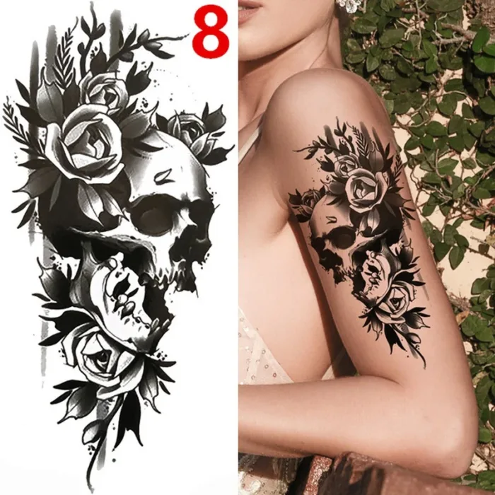 1PC Black Forest Tattoo Sticker For Men Women Tiger Wolf Death Skull Temporary  Fake Henna Skeleton King Animal Tatoo - Image 11