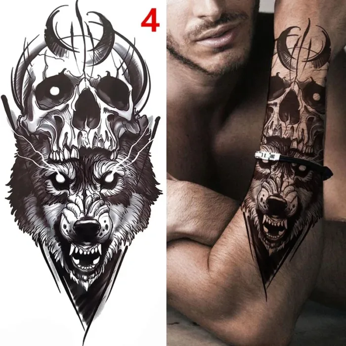 1PC Black Forest Tattoo Sticker For Men Women Tiger Wolf Death Skull Temporary  Fake Henna Skeleton King Animal Tatoo - Image 5