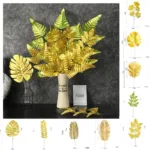 1 PC Hot Plastic Artificial Leaves For Home Decoration Golden Plant Leaves For Morden Party New Year Adornment 30cm